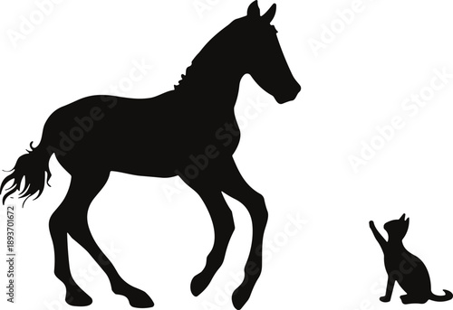 Horse and cat silhouette illustration, animal interaction vector, black and white design, pet behavior concept, artistic animal graphic