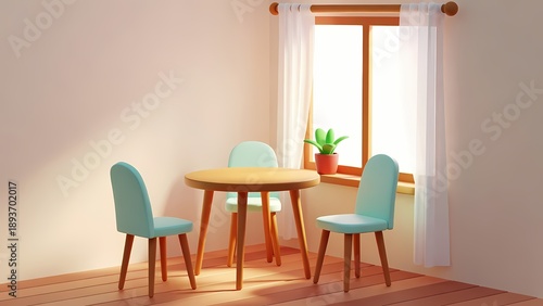 Minimalist dining area with round wooden table and pastel blue chairs by a sunlit window