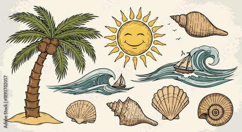 Vintage Engraved Summer Beach Holiday Elements Vector Set
