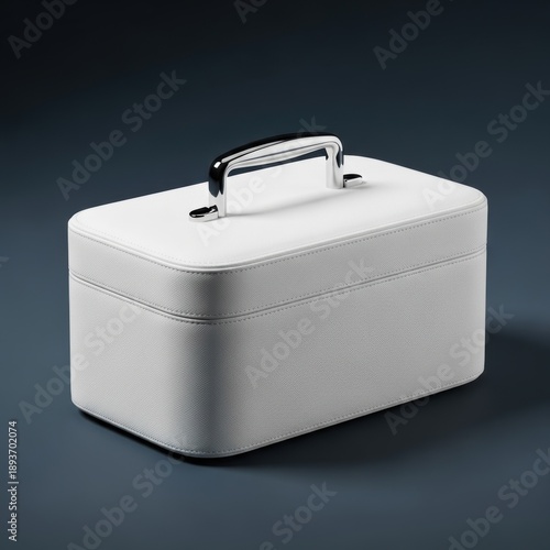 White leather vanity case with silver handle on dark blue background makeup case cosmetic bag