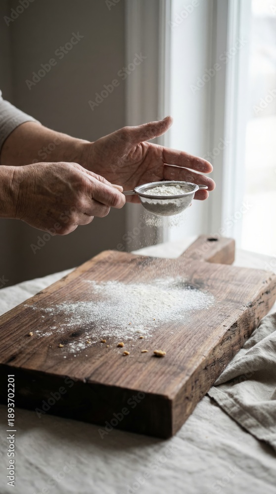 Fototapeta premium Hands sifting white flour through a sieve, creating a dust cloud over a rustic wooden cutting board, preparing ingredients for traditional baking in a home kitchen