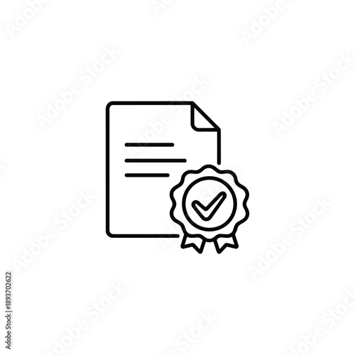 Ethics certificate line icon black and white vector document with approval badge and check mark symbol of compliance integrity and corporate ethics