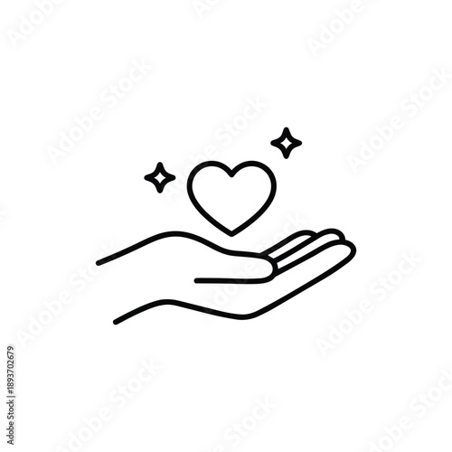 Black and white ethical care icon hand holding heart symbol of compassion and integrity minimalist vector illustration