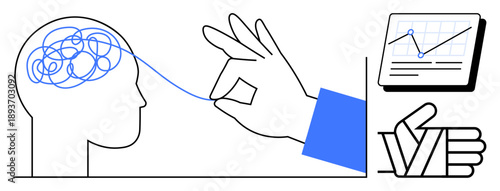 Hand unravels tangled lines in a brain to symbolize clarity and improvement, with a chart and thumbs-up representing success and analytics. Ideal for psychology, problem-solving, productivity, mental