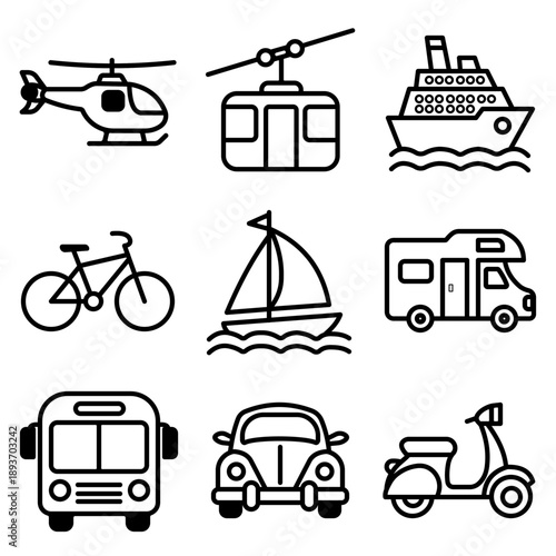 Set of Nine Black and White Transportation Icons