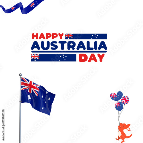 A professional vector banner design for Happy Australia Day featuring the national flag, decorative bunting, and a celebratory layout with patriotic blue and red typography on a white background.