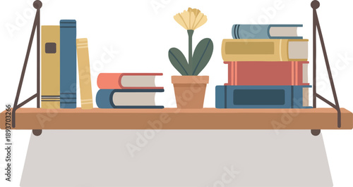 A beautifully organized wooden shelf with colorful books and a charming potted flower