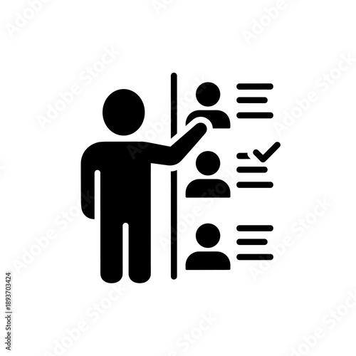 A black silhouette of a person pointing at a list of other people, representing selection, management, or human resources.