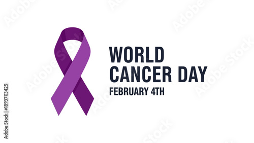 World Cancer Day banner with purple awareness ribbon and February 4th text for global health support and medical awareness concept