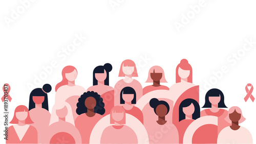 Group of diverse women with pink ribbons for breast cancer awareness banner