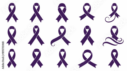 Set of various purple awareness ribbons isolated on white background
