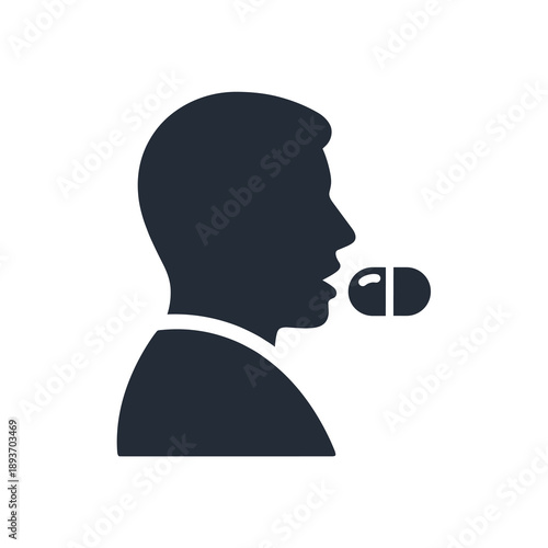 A silhouetted individual is depicted taking a pill, symbolizing medication, treatment, and healthcare in a modern, minimalist graphic design.