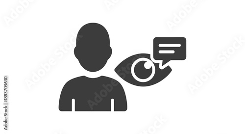 A minimalist icon depicts a human silhouette alongside a stylized eye with a speech bubble, symbolizing observation, feedback, or user experience in a digital context.