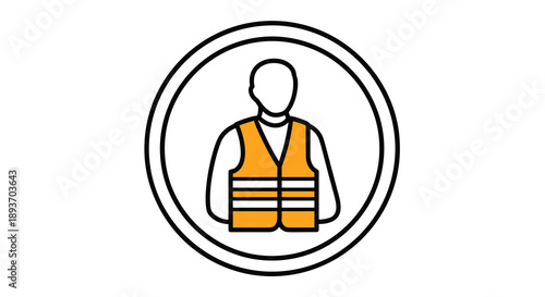 A minimalist icon depicts a worker wearing a high-visibility safety vest, encircled by a bold black outline, symbolizing workplace safety and professional attire.