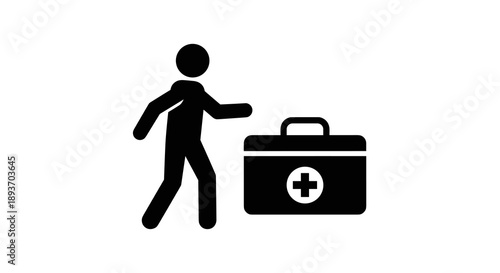 A minimalist black silhouette of a person reaching for a white first aid kit with a red cross, symbolizing emergency medical assistance and health care.