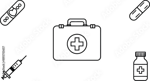 Outlined medical icon set with first aid kit, syringe, pill, bandage, medicine bottle and healthcare symbols