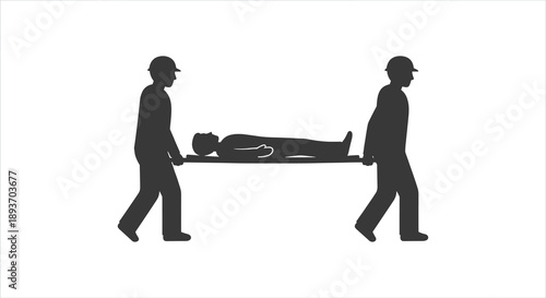 Two silhouetted emergency medical personnel carefully transport a patient on a stretcher, symbolizing urgent care and rescue operations.