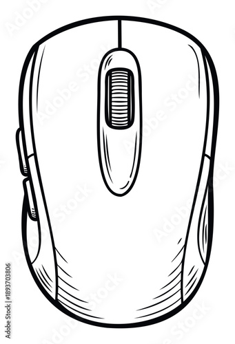 Outline sketch of a modern ergonomic wireless computer mouse featuring a scroll wheel and side buttons ideal for technology blogs and office equipment catalogs