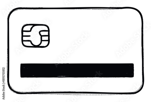 Roughly drawn credit debit payment card icon with a chip and magnetic stripe, ideal for financial transaction apps, banking services, or payment method representations.