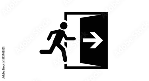 A black and white pictogram depicts a person running out of an open doorway with an arrow, symbolizing exit or escape.