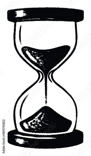 Classic black and white hourglass with flowing sand, visually symbolizing time passing, countdowns, and important deadlines for various visual media applications.