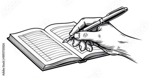 A persons hand holding a classic fountain pen, diligently writing notes or keeping records in an open ledger book, perfect for educational materials or historical documentation
