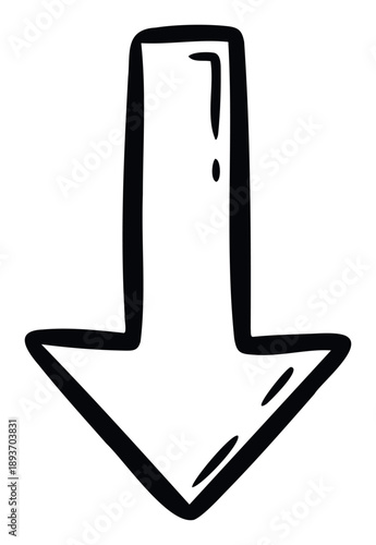 Hand drawn downward pointing arrow with a bold outline and expressive lines providing clear direction for user interfaces presentations and educational materials