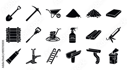 Comprehensive set of construction tools, building materials, and home exterior components icons, perfect for architectural design, civil engineering plans, and property maintenance guides.