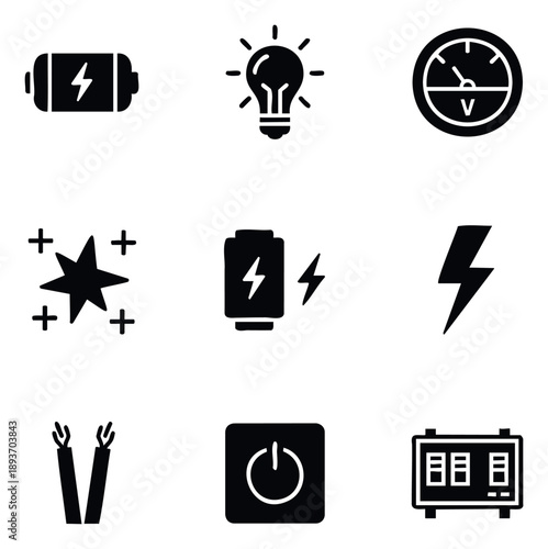 Essential collection of electrical energy and power technology symbols for graphic interfaces, modern web applications, educational materials, and engineering presentations.