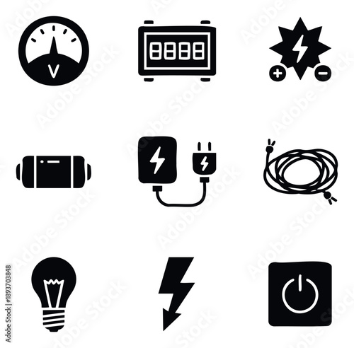Collection of electricity and power related glyph icons including voltmeter, fuse, lightbulb, charger, and lightning bolts for various technology and engineering projects