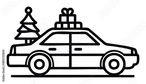 A delightful vehicle carrying holiday spirit with a festive Christmas tree and stacked presents on its roof, perfect for seasonal greetings, winter celebrations, and gift delivery themes.
