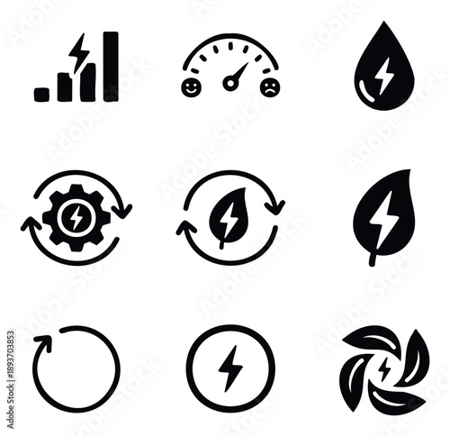 Energy and sustainability icons depicting power levels, performance gauges, water energy, green leaves, industrial gears, and recycling arrows for modern environmental applications.