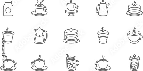Outlined breakfast and coffee icon set with mugs, pots, milk carton, pancakes, dessert and iced drink in grid layout