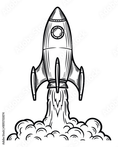 Hand drawn monochrome rocket spaceship launching into space with a powerful exhaust plume, perfect for educational content and innovationthemed visual projects
