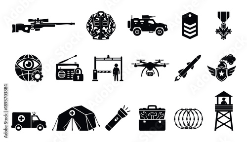 Military and security equipment symbols for defense industry presentations, surveillance system infographics, and emergency response training materials