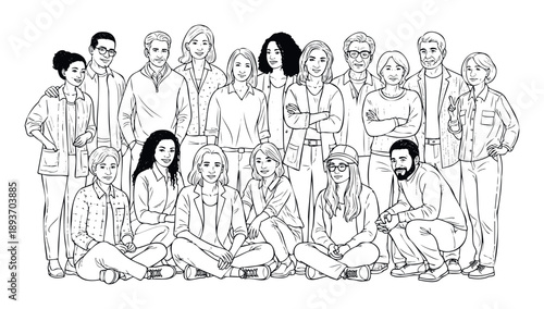 A diverse multigenerational group of smiling individuals, including a Black woman, standing and sitting together, perfect for showcasing community, collaboration, and teambuilding concepts.