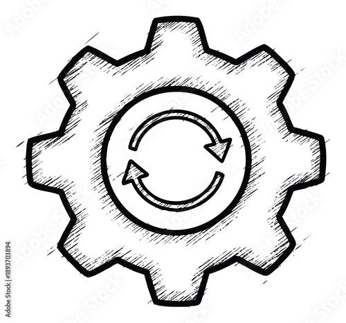 Outline sketch of a cogwheel with circular refresh arrows, ideal for illustrating process automation, customization, and continuous improvement in various business and technical contexts