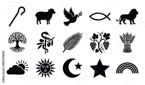 A comprehensive collection of black silhouette symbols depicting elements from nature, spiritual traditions, and ancient cultures, suitable for educational materials and graphic resource