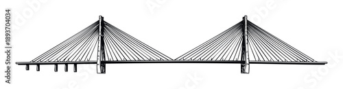 Striking linear depiction of a contemporary cablestayed bridge showcasing two large pylons and an array of tension cables, ideal for infrastructure project visualizations and educational