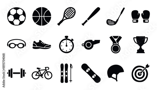 Comprehensive collection of sports and fitness equipment icons for active lifestyle promotions, athletic event announcements, and health club advertising campaigns