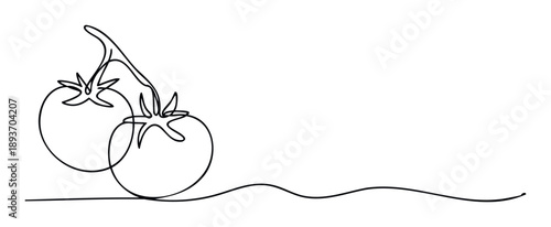 Minimalist single line drawing featuring two fresh tomatoes on a stem, ideal for promoting healthy food, vegetarian cuisine, and stylish kitchen decoration.