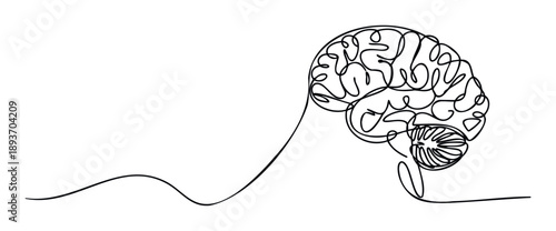 Minimalist continuous line drawing of a human brain symbolizing thinking, creativity, and mental health, suitable for educational, medical, and psychological marketing materials or branding.