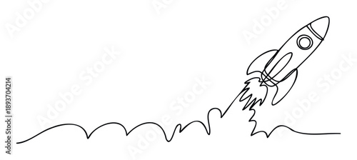 Dynamic continuous line drawing depicting a space rocket launching upwards with wavy exhaust trails, symbolizing startup growth, innovation, and successful business ventures for