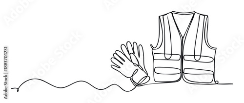 Continuous line drawing of a safety vest and work gloves symbolizing personal protective equipment crucial for workplace safety in construction and industrial settings