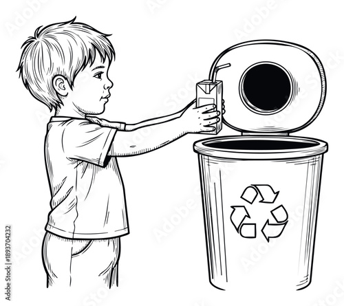 Young child practices environmental responsibility by placing an empty juice box with a straw into a recycling bin, promoting ecofriendly habits and waste management awareness for