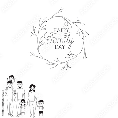 Minimalist line drawing of a family group positioned below a decorative laurel wreath frame, ideal for branding or greeting card designs celebrating family bonds and unity.
