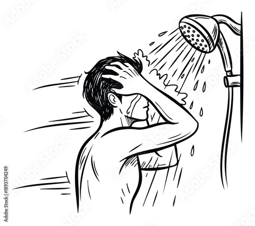 Man washing hair under running shower stream for daily hygiene routine and personal care concepts in health and wellness publications and educational resources