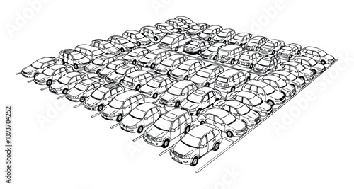 Overhead view of a busy crowded car parking lot full of many vehicles, ideal for transportation, urban planning, or traffic management presentations and visual aids.