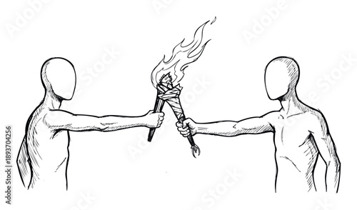 Symbolic depiction of two individuals exchanging a burning torch, representing the transfer of ideas, responsibility, and inspiration, suitable for themes of leadership, education, and