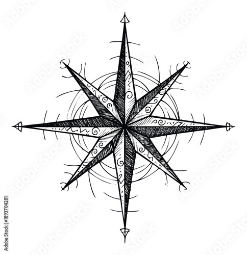 A hand drawn vintage style compass rose symbol with directional points and decorative swirling elements, perfect for travel, exploration, or navigation themed graphic designs and print